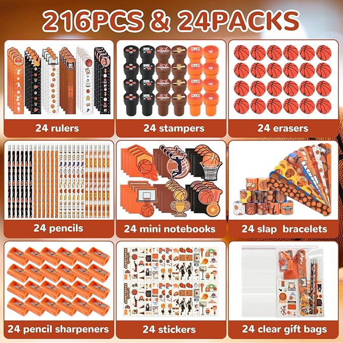 216Pcs Basketball Stationery basketball Theme Gifts Birthday Supplies Team Gift Goodie Bags Stuffer Pencils Classroom games Rewards School Office Supplies（ basketball）