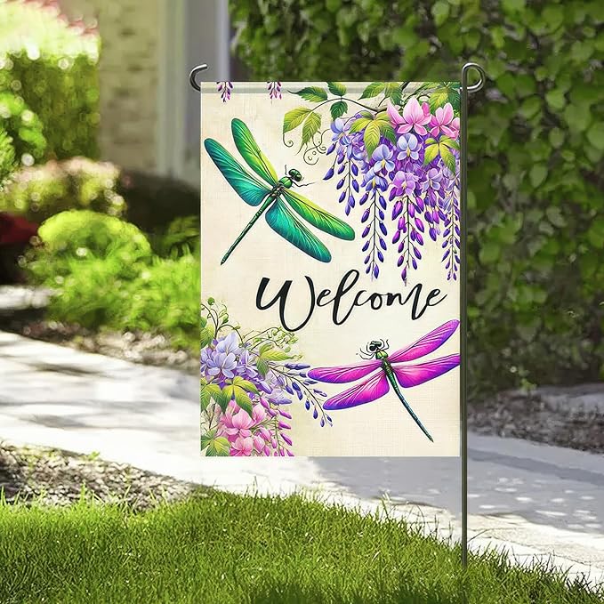 BlissYard Welcome Dragonfly Garden Flag 12x18 Inch Double Sided Summer Spring Flower Garden Flag Small Yard Flags Farmhouse Wedding Yard Flying Dragonfly Grass Decorative Garden Flags Banner