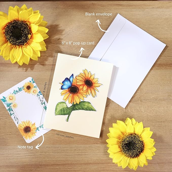 Sunflower & Butterfly Pop Up Mothers Day Card, 3D Popup Birthday Card 6x 8, Ideal Gift for Mother's Day, Anniversary, Valentine's, Thank You, All Occasion for Women, Wife, Mom, Grandma, Her
