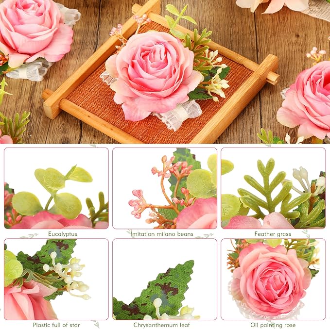 Sherr Wedding Rose Wrist Corsage Wristlet Band for Bridal Bridesmaid Women Flowers Bracelets Decor Wedding Artificial Flowers for Party Prom Homecoming(Peach Pink,24 Pcs)