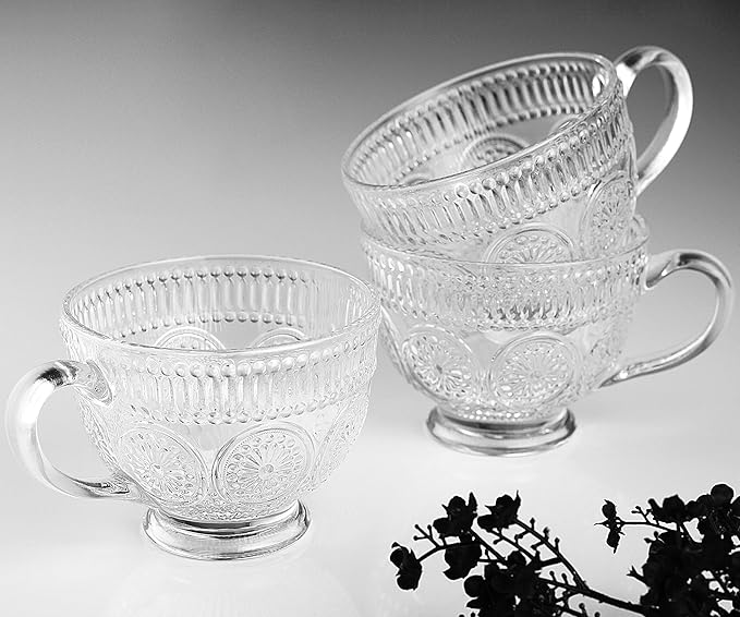 LUXU Vintage Glass Coffee Tea Mugs(Set of 4)-Wide Mouth-16 oz-Large Coffee Tea Cups,Clear Glass Breakfast Soup Mugs,Lead-free Drinking Glassware for Water,Milk,Cappuccino,Dessert,Beverages