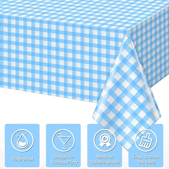 6pcs 54X108inch Light Blue Checkered Tablecloth,Blue Gingham Tablecloths Buffalo Plaid Disposable Plastic Table Covers for Birthday Baby Shower Bridal Wedding Party Birthday Decorations