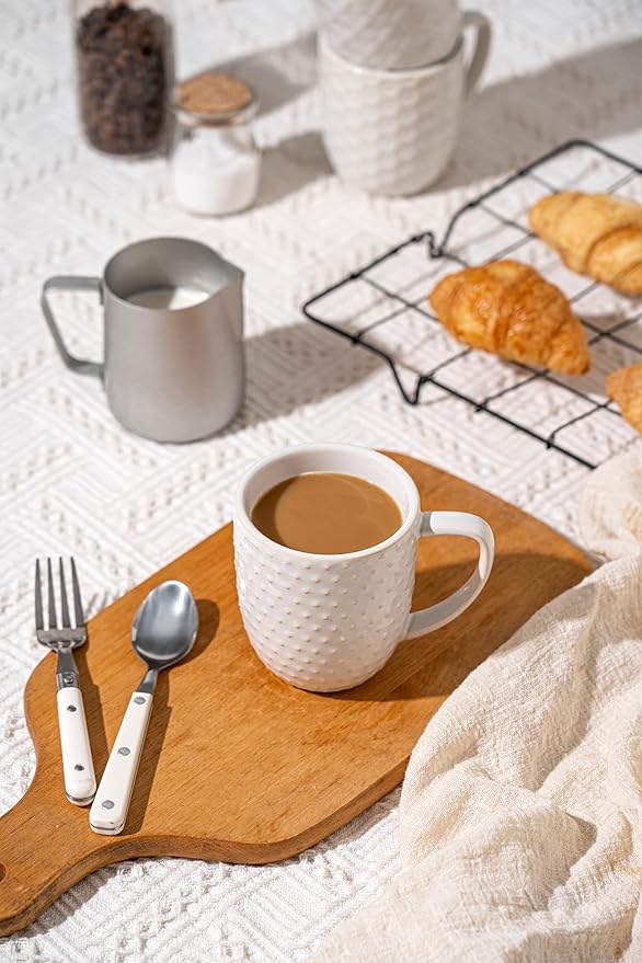 Ceramic Coffee Mugs Set of 4, 12oz Embossed Cups with Elegant Patterns – A Thoughtful Gift for Women, Mom, or Friends,Perfect for Tea, Latte, Cocoa (Arctic White, 12 OZ)