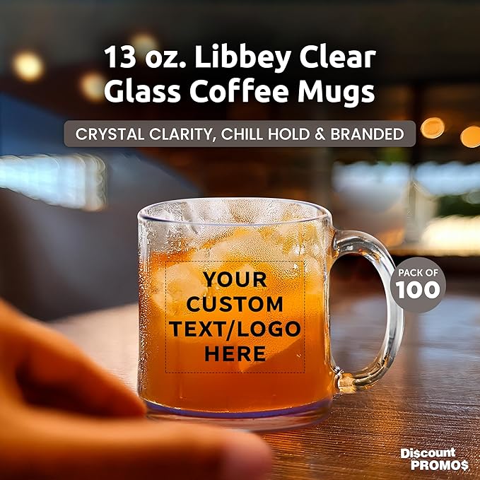 Custom Clear Glass Coffee Mugs 13 oz. Set of 100, Personalized Bulk Pack - Perfect for Coffee, Tea, Espresso, Hot Cocoa, Other Beverages - Blue Bottom