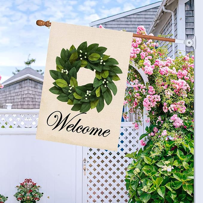 Baccessor House Flag Wreath Garden Flag Magnolia Leaves Welcome Large Yard Flag 28 x 40 Inch Double Sided Burlap Winter Spring Outside Decor