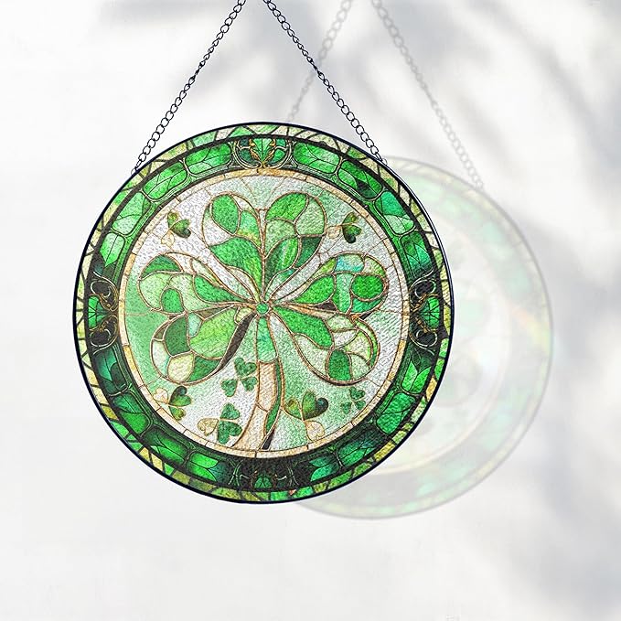 FLAGWIX Irish Gifts for Women Men - 100% Stained Glass Hanging Suncatcher 8 in - Birthday Irish Decorations for Family Friends, Shamrock Home Decor, St Patricks Day Decorations