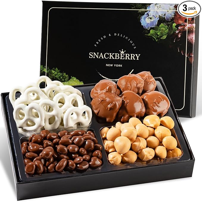 3-Pack Snackberry Gourmet Chocolate Gift Platter – Assorted Treats with Chocolate Pecan, Maple Nuts, Yogurt Pretzels & Chocolate Raisins – Perfect Holiday, Birthday & Corporate Gift Box