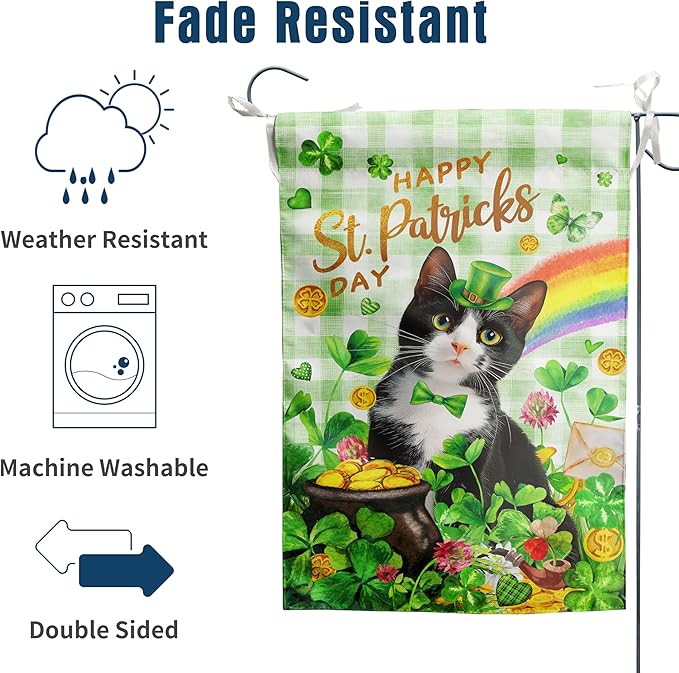 Tuxedo Cat St Patricks Day Garden Flag Cat St Patrick's Day Yard Flags for Outside 12x18 Double Sided Buffalo Plaid Shamrock Flag Small Outdoor Rainbow St Patrick's Decor
