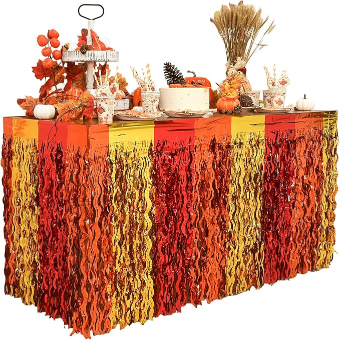 Mega-L Fall Party Decorations, 2 Pack Red Orange Gold Wavy Metallic Tinsel Foil Fringe Table Skirts for Rectangle and Round Table, Thanksgiving Decor for Friendsgiving Fall Harvest Autumn Party