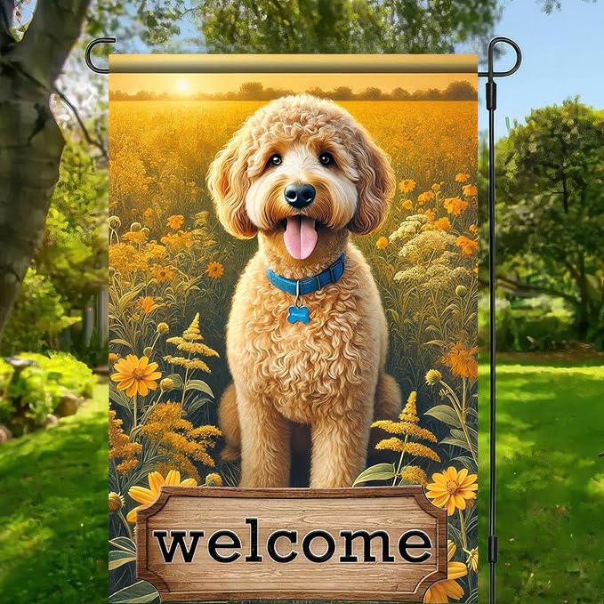 Welcome Garden Flag for Outside Spring Summer Flower Garden Flag 12x18 Inch Double Sided Burlap Outside Seasonal Floral Dog Sign Yard Farmhouse Outdoor Decor