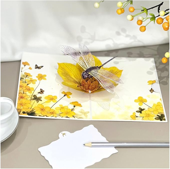 Birthday Card for Mom, 3D Dragonfly Pop-Up Card with Daisies and Butterflies, 3D Birthday Cards for Women, Sympathy and All Occasions, Unique Dragonfly Gift for Mom, Wife, Sister, Grandma, Daughter, Girlfriend, Includes Envelope & Note Tag