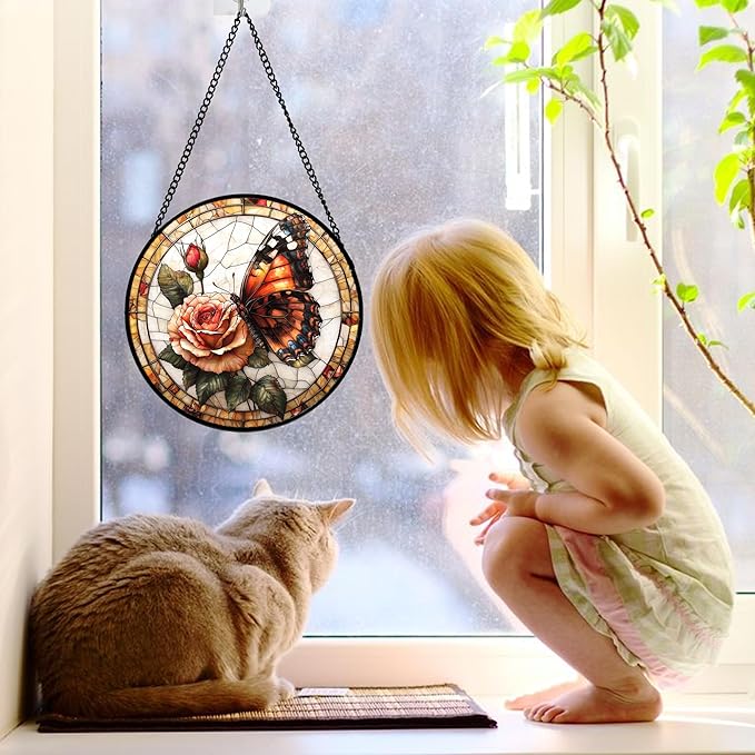 Stained Glass Window Hanging, Butterfly Picking Flowers Suncatcher for Doors Home Sun Catchers Decoration and Christmas, Mother's Day Birthday Gifts for Women, Men, and Mom 7.8 in