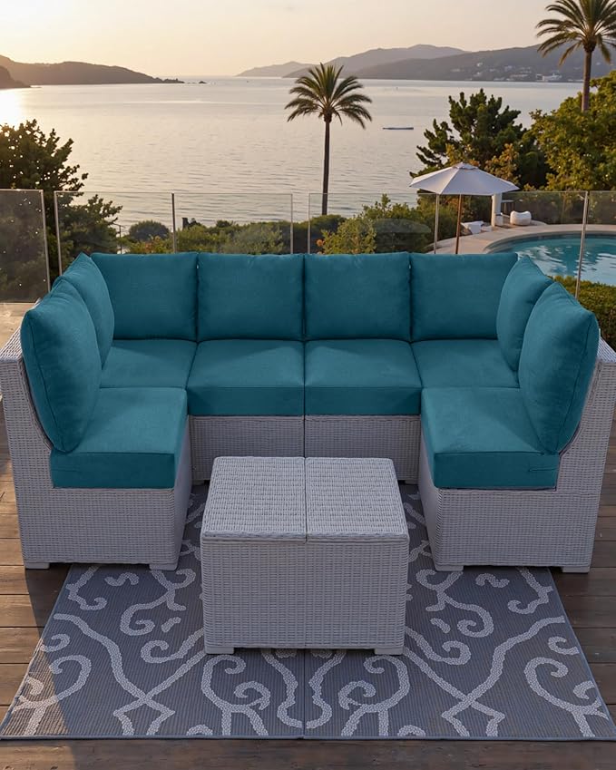 Luxury 24x24x6 Outdoor Corner Cushion 1 Set - Water-Repellent 3-Piece Cushion Set with Zipper for Outside Wicker Sofa Loveseat Chair Sectional Patio Conversation Sets - Peacock Blue/Classic