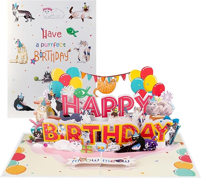 Text Happy Birthday Card w Cats, Birthday Cards for Women, Wife, Her, Pop Up Gifts for Her, Wife, Him, Daughter, Girl, Women, Her kids (HPBD w Cats)