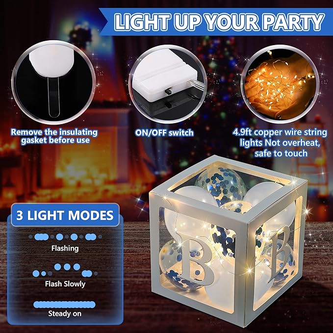 Baby Shower Balloon Box Decorations, 4 Pcs Baby Blocks Transparent Balloon Boxes with “BABY GIRL” Letters, 4 Pack Led Fairy String Lights and 40 Pcs Latex Balloons for Gender Reveal Backdrop(Blue)