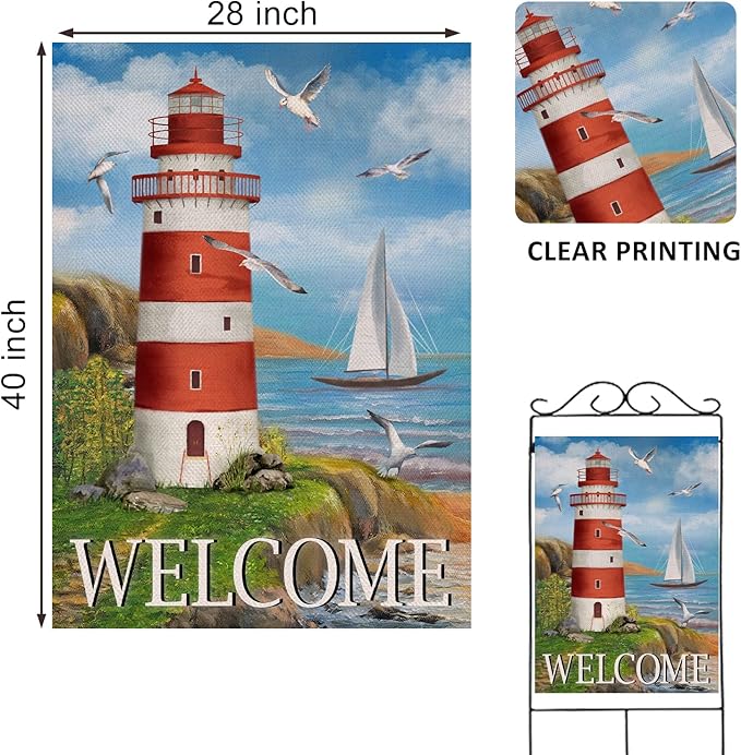 Covido Home Decorative Welcome Summer Lighthouse House Flag, Spring Coastal Seagull Birds Garden Yard Beach Nautical Sailboat Outside Decoration, Ocean Outdoor Large Burlap Decor Double Sided 28 x 40