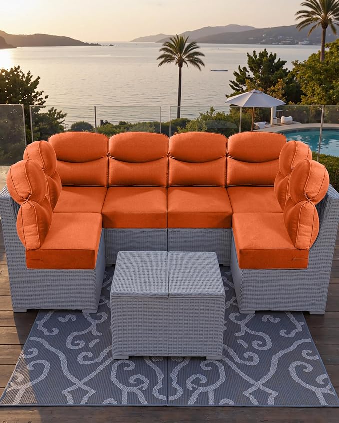 Luxury 24x24x6 Outdoor Couch Cushions Set of 3 - Water-Repellent 8-Piece Cushion Set for Outside Rattan Wicker 3-Seat Sofa Loveseat Chair Sectional Patio Conversation Sets - Orange/Smile