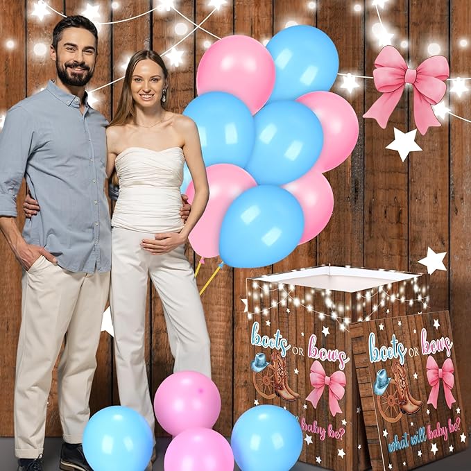 Hungdao Gender Reveal Balloon Box with Ribbon and 10 Pink and Blue Balloons Gender Reveal Games He or She Open to See for Party Decoration 12"x12"x16"(Boots and Bow)