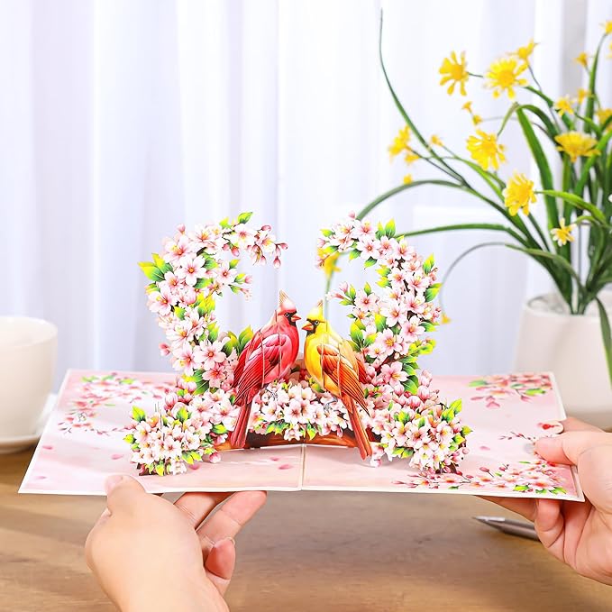 Cardinal Couple Pop Up Anniversary Card, 3D Love Birds Valentine Cards, Ideal Gift for Birthday, Wedding, Valentines, Mothers Day All Occasion for Wife, Her, Husband, Wife, Him, Boyfriend, Girlfriend