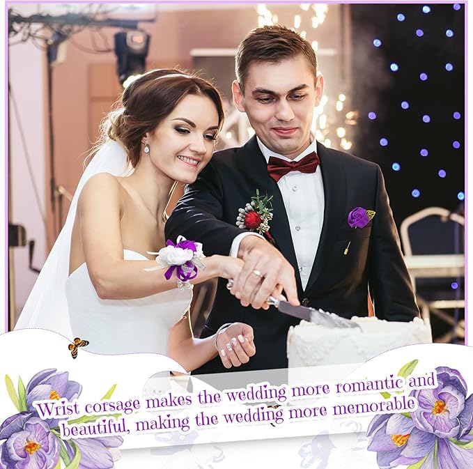 Tigeen 24 Pcs Wrist Corsage and Men's Boutonniere Set for Wedding Wristlet Corsage Hand Flower for Mother of Bride, Bridal, Bridesmaid Suit Decorations (Purple)