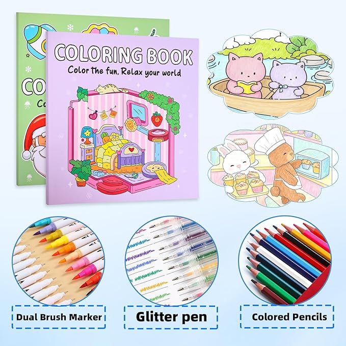 Coloring Book Set for Adults and Teens,Cute Coloring Book for Adults Relaxation with 60 Colored Markers, Anxiety Relief Gifts with 80 Patterns Included Animal Spaces