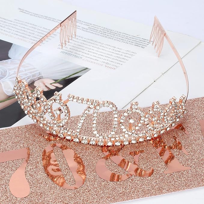 Casoty Rose Gold 70th Birthday Sash and Tiara for Women, 70 & Fabulous Sash and Crown, 70th Birthday Party Decorations Supplies Favors for Women Gifts for Her