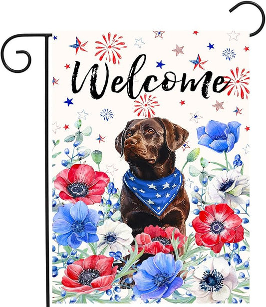 4th of July Chocolate Lab Garden Flag Red White Blue Floral Labrador Dog Yard Flags Small Memorial Independence Day Banner 12x18 Double Sided for Outside Outdoor Patriotic Decor