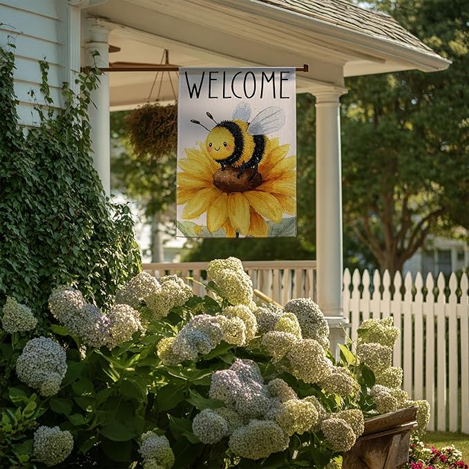 Garden Flags, Welcome Garden Flag, Bee Sunflower Flag Double-Sided Flags for Farmhouse Yard Outdoor-12 x 18inch (WELCOME BEE)