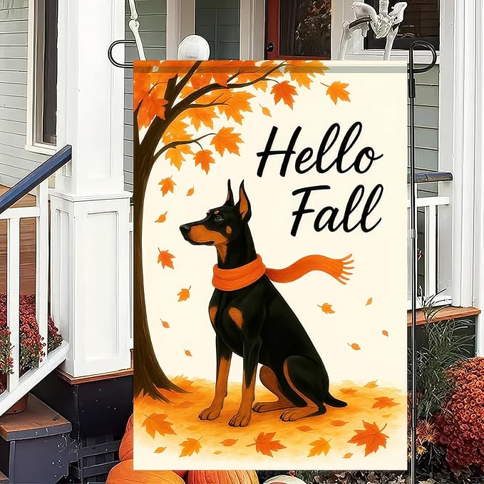 BlissYard Hello Fall Garden Flag 12x18 Inch Double Sided Doberman Dog Flags Autumn Leaves Yard Flag Seasonal Pumpkin Outdoor Small Banner for Fall Porch Lawn Decor