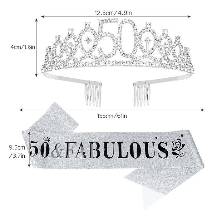 Casoty Silver 50th Birthday Sash and Tiara,0th Birthday Decorations for Women 50 and Fabulous Sash and Crown Set Party Supplies for Women,Gifts for Her