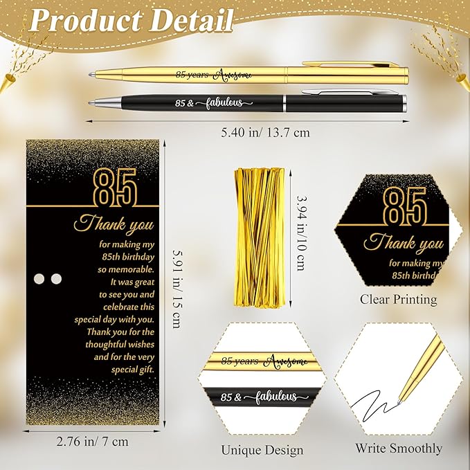 25 Sets 85th Birthday Themed Party Favors for Guests Including Birthday Ballpoint Pens and Black Gold Thank You Cards for Guests Anniversary Appreciation Gifts