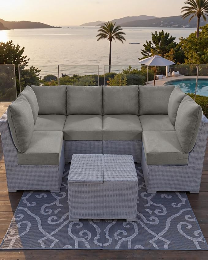 Luxury 24x24x6 Outdoor Couch Cushions Set of 3 - Water-Repellent 8-Piece Cushion Set for Outside Rattan Wicker 3-Seat Sofa Loveseat Chair Sectional Patio Conversation Sets - Grey/Classic