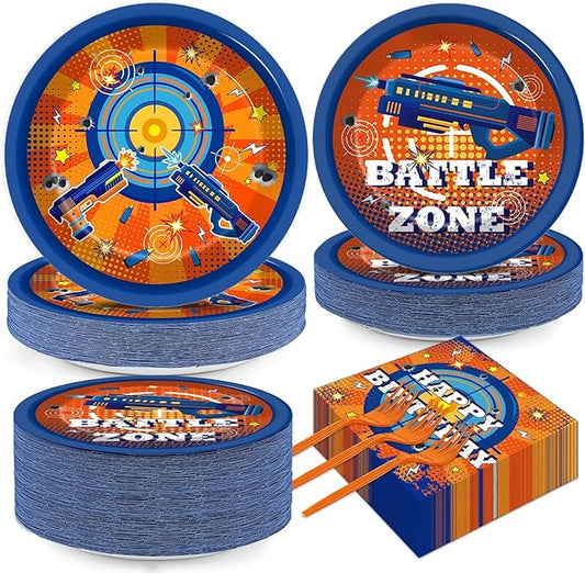 Qyeahkj 200 Pcs Dart War Birthday Party Supplies Gun Game Theme Party Tableware Set Paper Plates and Napkins Dart Battle Gunfight Game Party Decorations Gun Happy Party Favors for Boys Serves 50
