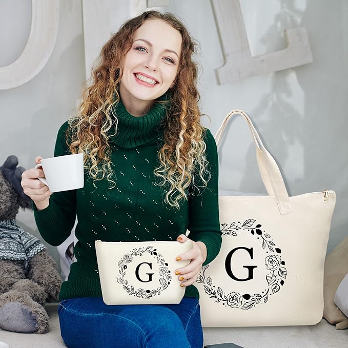 Personalized Initial Canvas Tote Bag with Zipper, Present Bag with Inner Pocket & Make Up Bag, Great Gifts for Women, Mom, Teachers, Friends, Bridesmaids