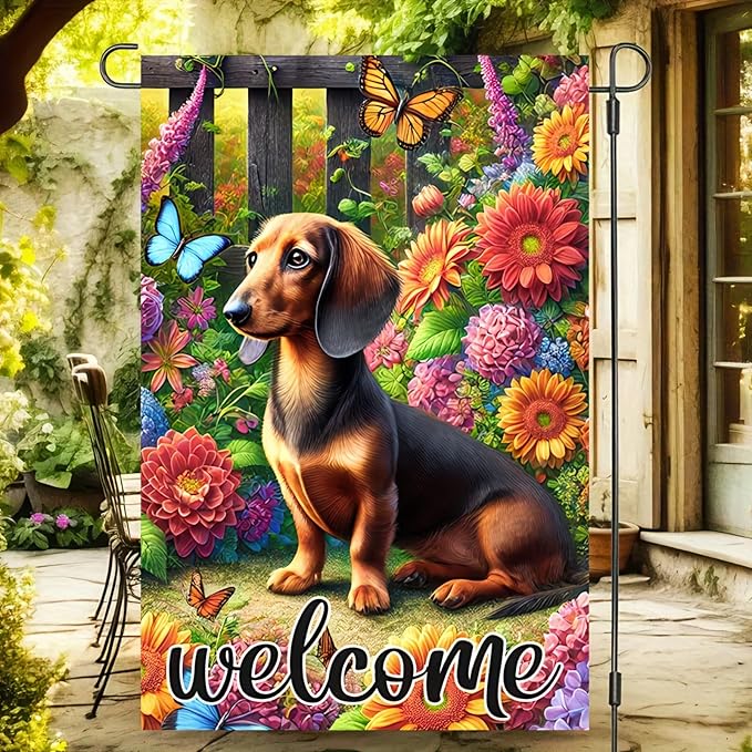BlissYard Welcome Garden Flag Spring Summer Garden Flag 12x18 Inch Double Sided Dachshund Dog Flags Floral Butterfly Yard Lawn Porch Outdoor Decorative Banner