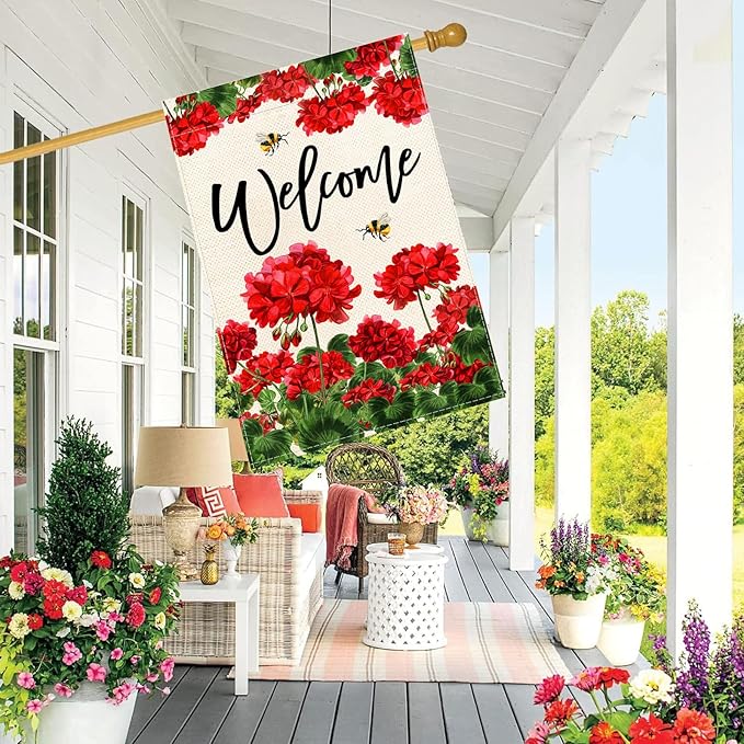 Baccessor Spring Summer Geranium Welcome House Flag Double Sided Summer Bee Red Floral Burlap Yard Flag House Seasonal Farmhouse Outside Outdoor Decoration 28 x 40 Inch（large）