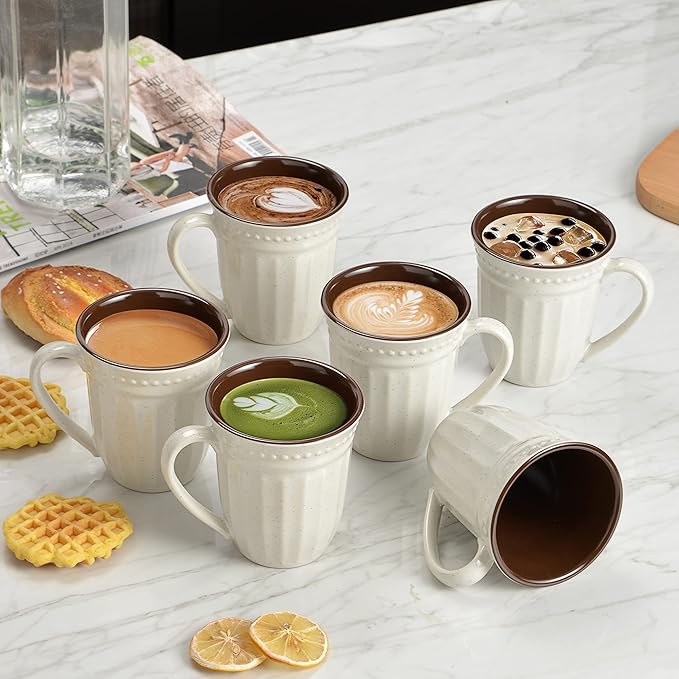 Melamine Coffee Cups of 6, 12oz Camping Mug with Handle, Lightweight and Unbreakable Cups kind to kids, Reusable Mugs Set for Tea, Dishwasher Safe, Ideal for Party RV Gift(Off White)