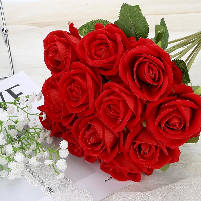 Roses Artificial Flowers, Fake Velvet Silk Roses in Bulk for Home Decor Indoor, Fake Roses Realistic Flowers with Stems for Wedding Centerpiece Party Decor (24, Red)