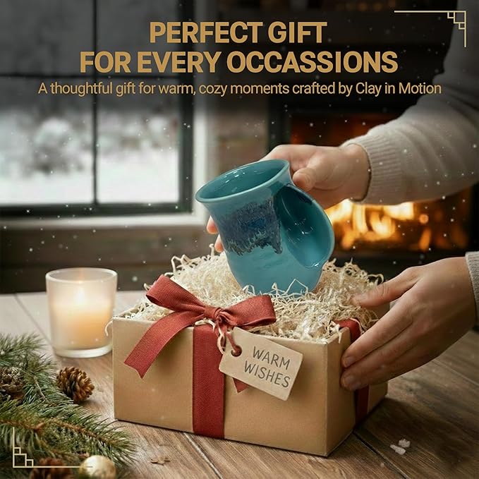 Clay in Motion Hand Warmer Coffee Mug – Handmade Coffee Mug With Comfortable Handle Contoured Pocket Hand Warming Ceramic Coffee Mug – Proudly Made in USA – Right Handed – 14 Oz - Raging Rapid