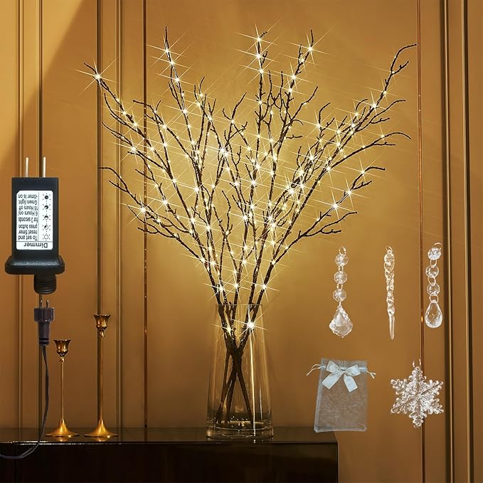Fudios Lighted Branches Plug in 32IN 200 LED Mantle Winter Decor, Brown Twig Branch Lights for Christmas Holiday Party Indoor Outdoor