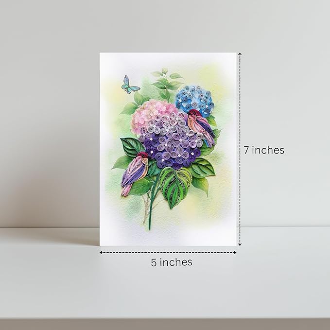 Hydrangea and Birds Romantic Quilling Card for Birthday, Anniversary, Sympathy, Thinking of you, Watercolor Classy Cards for Mom, Women, Wife, Daughter