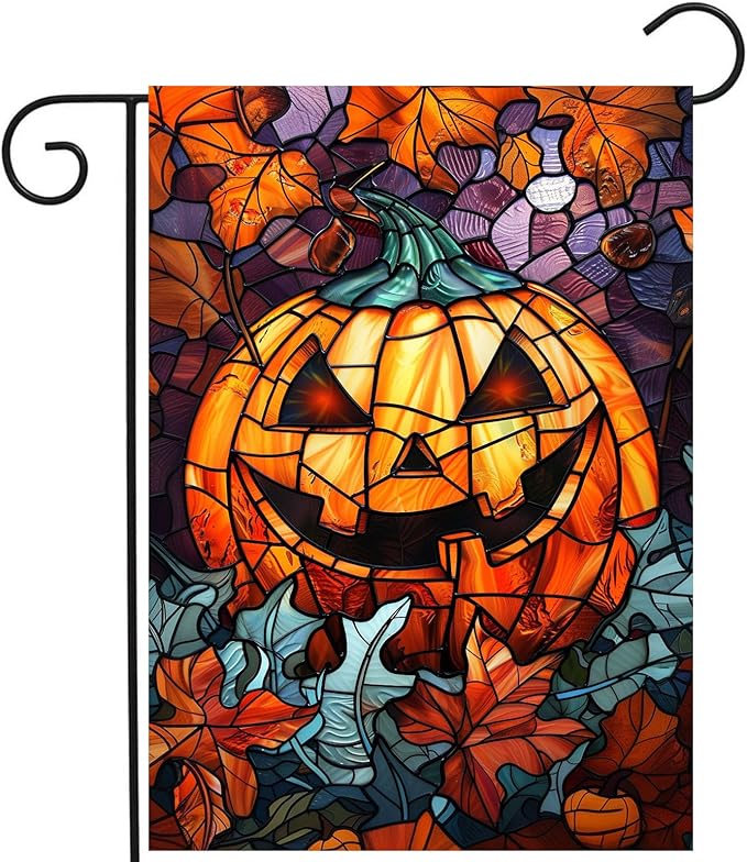 Scary Pumpkin Garden Flag Spooky Halloween Yard Flags for Outside 12x18 Double Sided Small Fall Outdoor Flag Stained Glass Autumn Flags for Porch Lawn Farmhouse Thanksgiving Decor