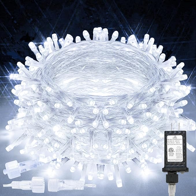 suddus 66ft 200 LED White String Lights with Timer, 12 Modes Christmas Fairy Lights Plug in, Connectable Indoor/Outdoor White Twinkle Lights for Xmas Tree, Bedroom, Garden, Wedding, Party Decorations
