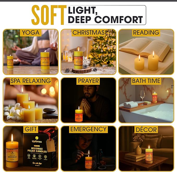 Beeswax Pillar Candles Set of 4, 2x4 Inch, 100% Beeswax Candle with Cotton Wick, Long Burning, Dripless Candle Bees Wax for Home, Décor, Prayer, Emergency