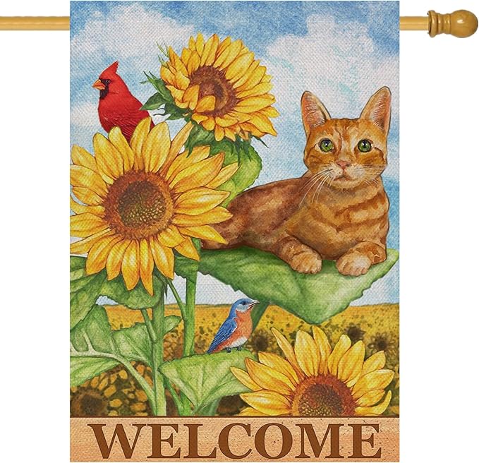 Furiaz Cat Cardinal Sunflower Welcome Spring Summer Decorative Large House Flag, Kitty Garden Yard Red Bird Outside Decoration, Fall Autumn Farmhouse Outdoor Burlap Decor Double Sided 28 x 40