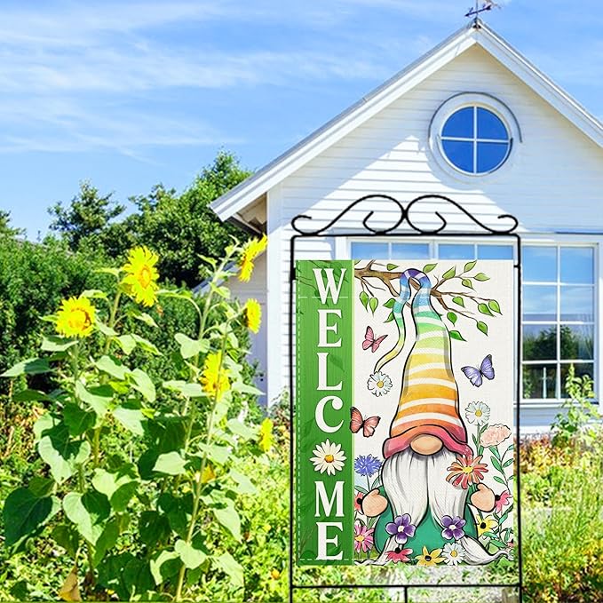 Covido Welcome Spring Summer Gnome Decorative House Flag, Daisy Floral Flowers Butterfly Rainbow Garden Yard Outside Decorations, Seasonal Burlap Outdoor Large Home Decor Double Sided 28 x 40