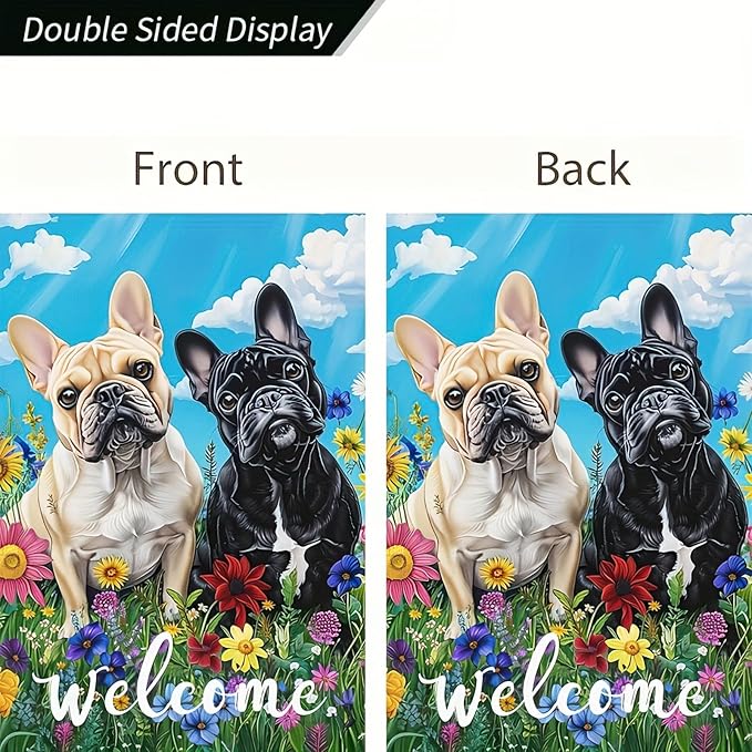HOMETITUTE Welcome Spring Garden Flag Bulldog Garden Flag For Outside Spring Summer Flag Double Sided 12x18 Inch Outdoor Decor Dog Yard Flag Summer House Yard Patio Porch Decoration