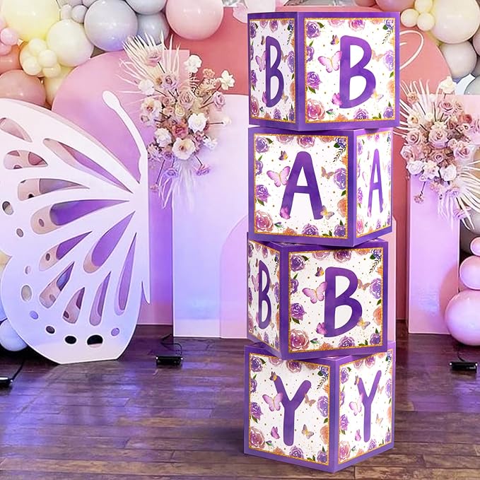 Baby Boxes with Letters and Butterfly Balloons for Gender Reveal Decoration (Purple)