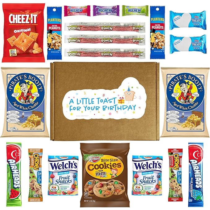 Hangry Kit Birthday Snack Box - (20 count) Happy Birthday Gift Basket Care Package - Contains Birthday Snacks, Cookies, Chips, Candy. Party Variety Gift Box.