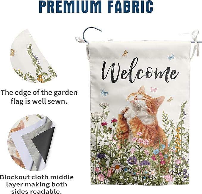 Spring Cat Garden Flags for Outside Summer Flower Garden Flag Floral Orange Cat Flag Welcome Yard Flags 12x18 Double Sided Mini Farmhouse Outdoor Decorative Flag